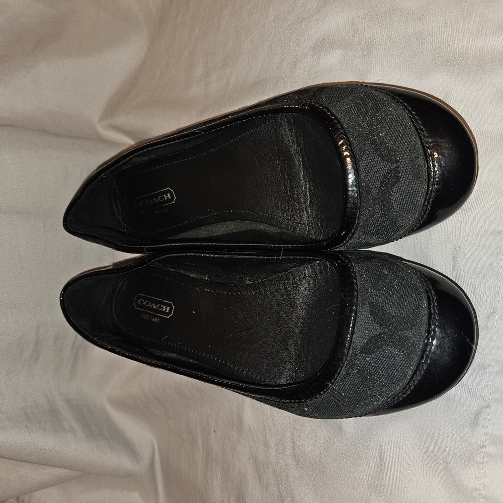 Coach Black Flats, Signature Canvas And Patent Leather